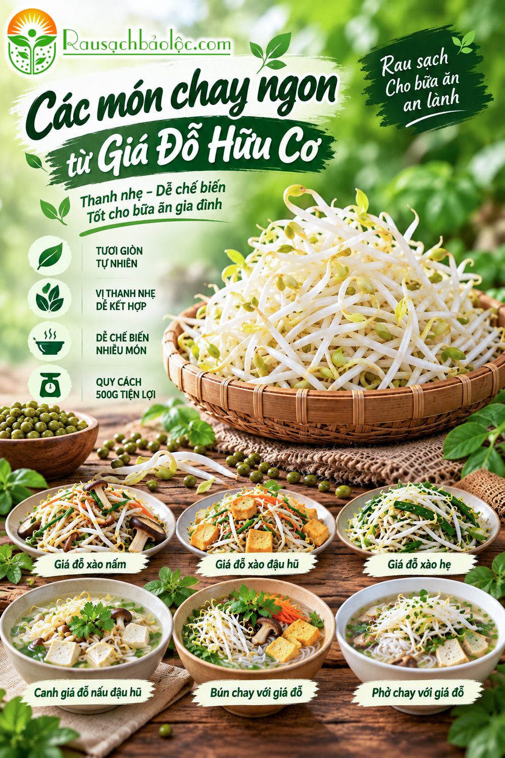 Các món chay từ giá đỗ hữu cơ kết hợp nấm, đậu hũ và rau củ